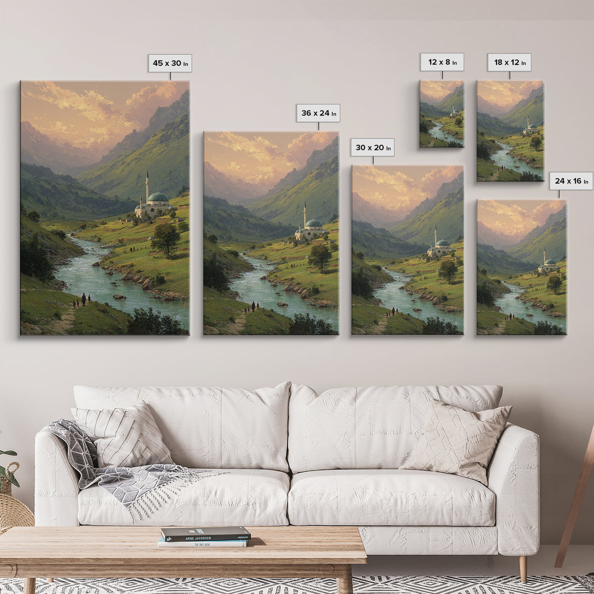 Peaceful Mountain Village With Flowing River Landscape Oil Painting Canvas Print For Nature Lovers And Tranquil Wall Decor