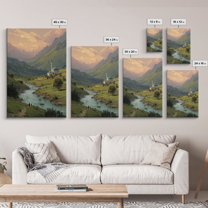 Peaceful Mountain Village With Flowing River Landscape Oil Painting Canvas Print For Nature Lovers And Tranquil Wall Decor