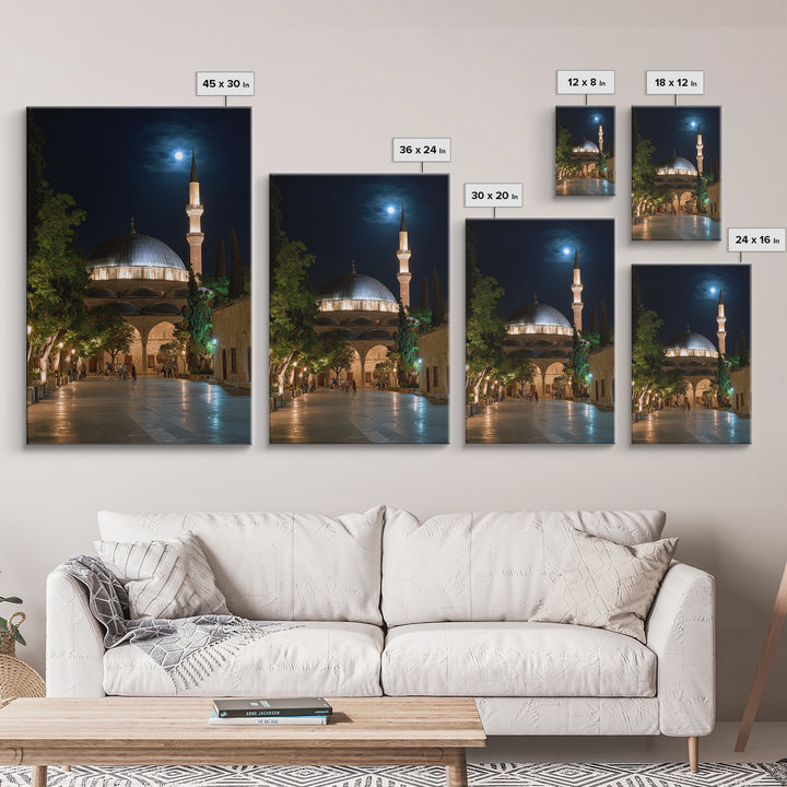 Nighttime Mosque With Illuminated Minaret Photography Wall Art Framed Canvas Print Spiritual Home Decor