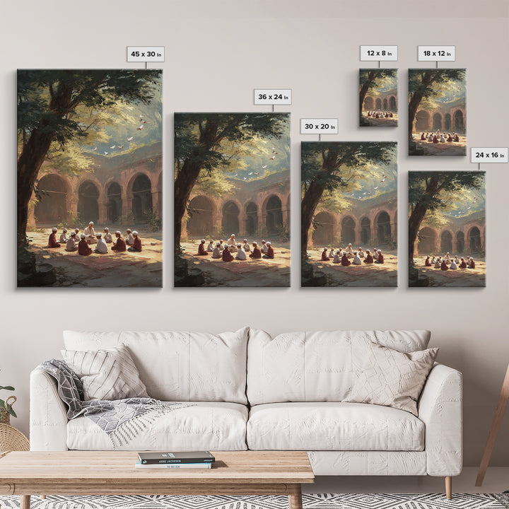 Golden Doves In Sunlit Forest Scenic Nature Painting Framed Canvas Print Rustic Cozy Wall Art For Home