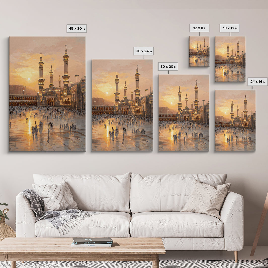 Sunset Over Mecca Mosque Digital Painting Wall Art Framed Canvas Print For Islamic Home Decor And Spiritual Gifts