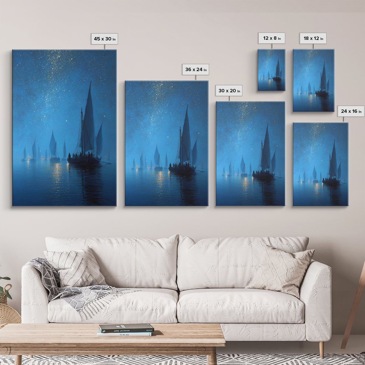 Starry Night Sailboat Scene With Glittering Sky And Calm Water - Modern Wall Art For Living Room Decor