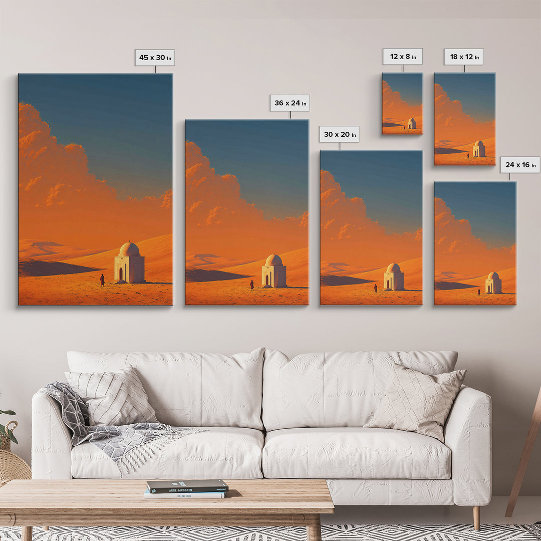 Desert Landscape With Monochrome Architecture And Vibrant Orange Sky Wall Art Framed Canvas Print For Home