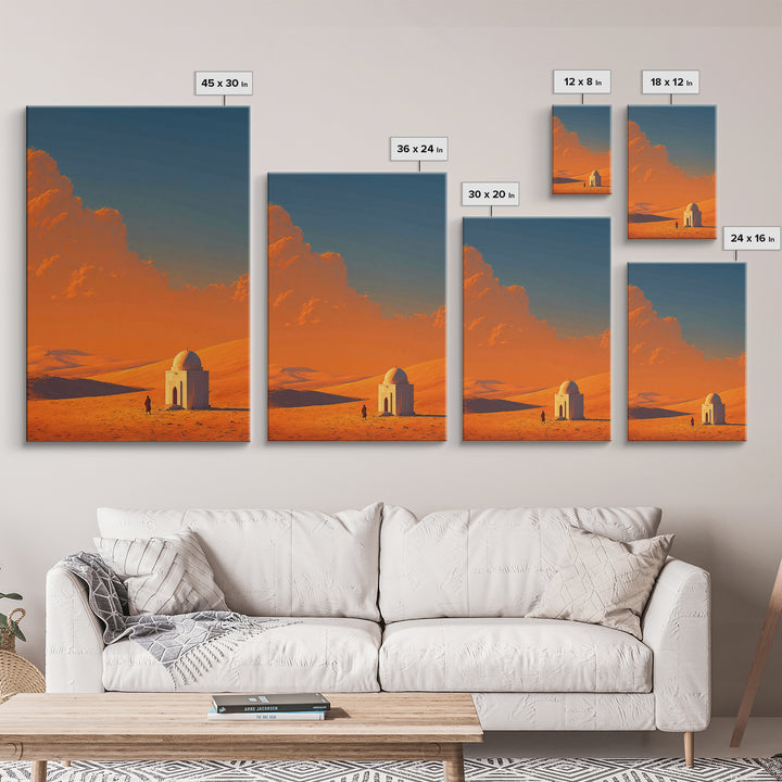Desert Landscape With Monochrome Architecture And Vibrant Orange Sky Wall Art Framed Canvas Print For Home