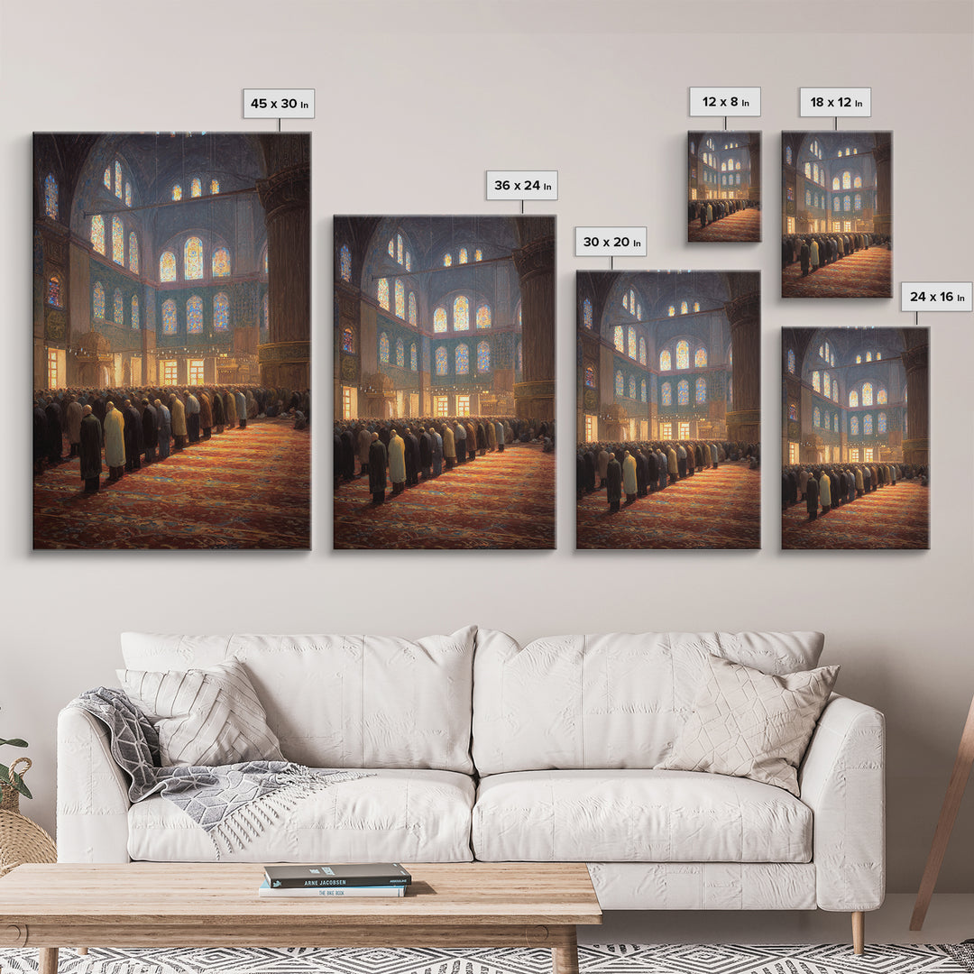 Crowded Mosque Worshippers Prayer Scene Religious Painting Wall Art Canvas Print For Home
