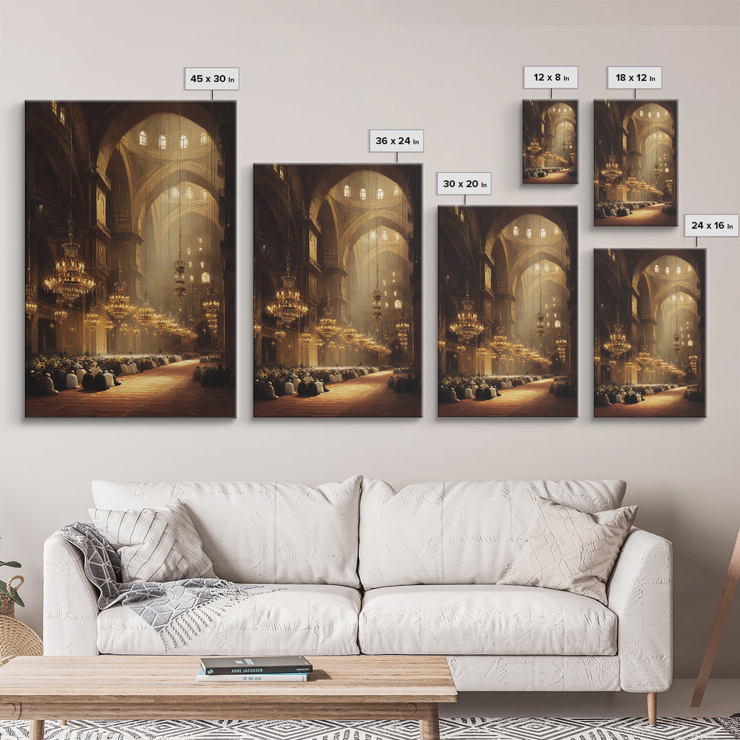 Majestic Mosque Interior With Warm Golden Light And Praying Crowd Religious Wall Art Perfect Home Decor