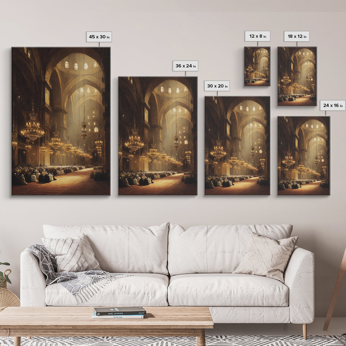 Majestic Mosque Interior With Warm Golden Light And Praying Crowd Religious Wall Art Perfect Home Decor