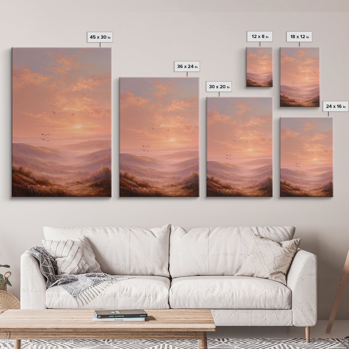 Golden Sunset Mountain Valley With Birds Framed Canvas Print, Landscape Wall Art, Warm Nature Decor, Living Room Wall Decor