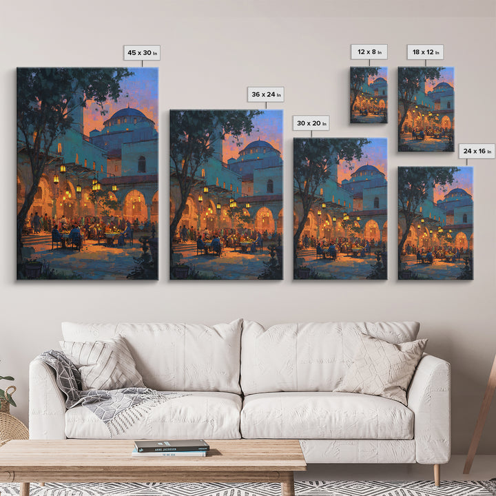 Serene Evening Mosque Courtyard With Warm Light And People Digital Painting Canvas Print For Cultural And Cozy Wall Decor