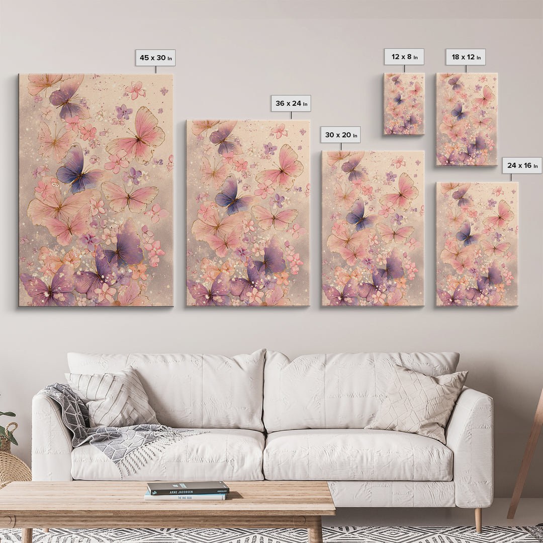 Pink And Purple Butterflies With Tiny Blossoms Framed Canvas Print, Feminine Wall Art, Butterfly Art Print, Nursery Decor