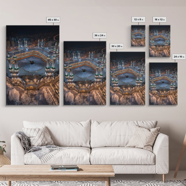 Aerial Nighttime View Of Mecca Holy Mosque And Kaaba Islamic Spiritual Artwork Large Wall Art Framed Canvas Print For Home Decor