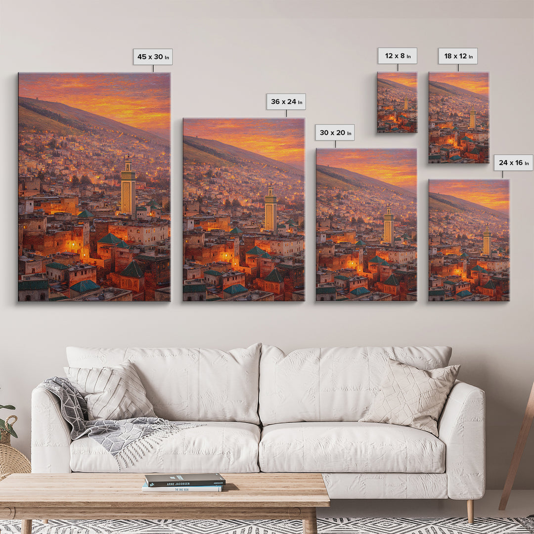 Sunlit Moroccan Cityscape At Dawn With Vibrant Orange Hues And Traditional Green Tiled Roofs Wall Art