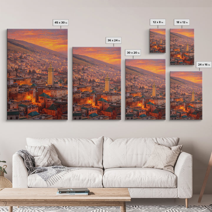 Sunlit Moroccan Cityscape At Dawn With Vibrant Orange Hues And Traditional Green Tiled Roofs Wall Art
