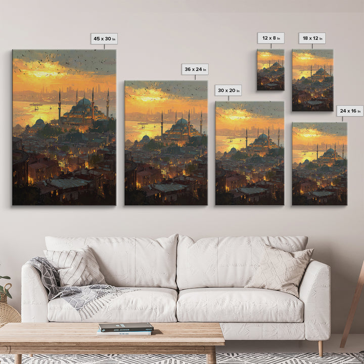 Sunset Cityscape With Mosque And Glowing Skyline Vibrant Fine Art Canvas Print For Urban Wall Decor