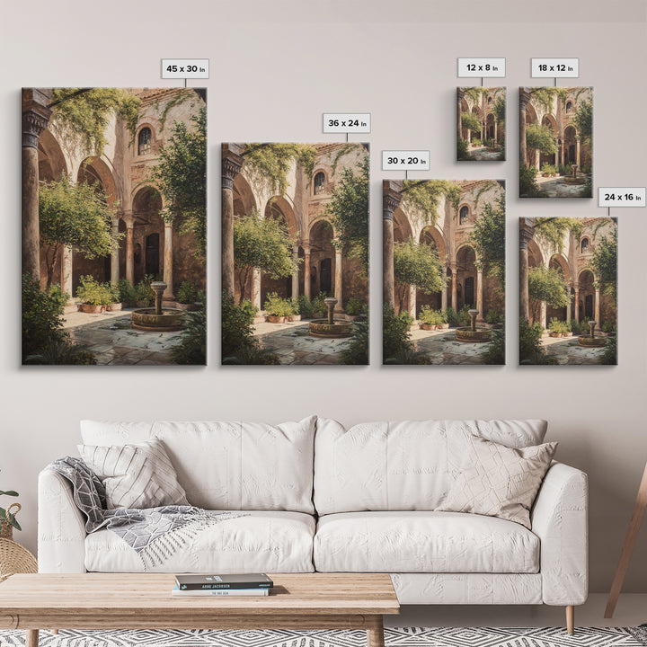 Sunlit Mediterranean Courtyard Garden Wall Art Framed Canvas Print For Rustic Home Decor