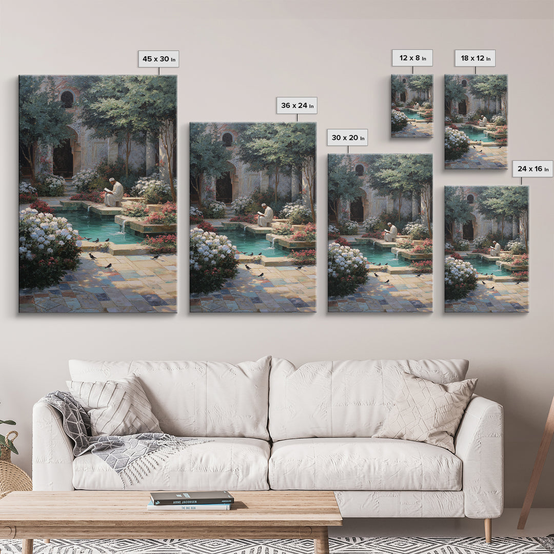 Serene Islamic Courtyard With Reflective Pool And Reading Man Oriental Framed Canvas Print Elegant Wall Art For Sophisticated Home