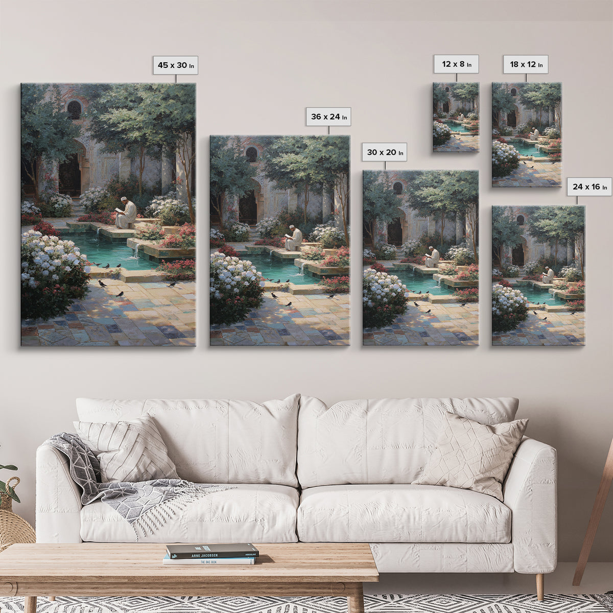 Serene Islamic Courtyard With Reflective Pool And Reading Man Oriental Framed Canvas Print Elegant Wall Art For Sophisticated Home