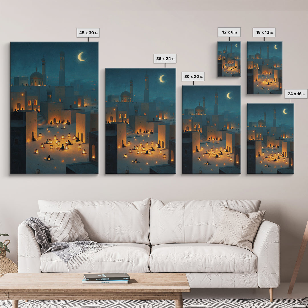 Peaceful Lantern Lit Desert Scene With Blue Twilight Desert Night Wall Art Framed Canvas Print For Bedroom