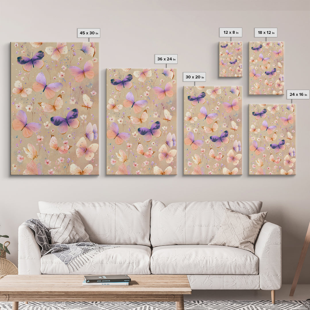 Pastel Butterflies And Wildflowers On Beige Canvas Print, Whimsical Wall Art, Girls Room Decor, Colorful Nursery Art Gift