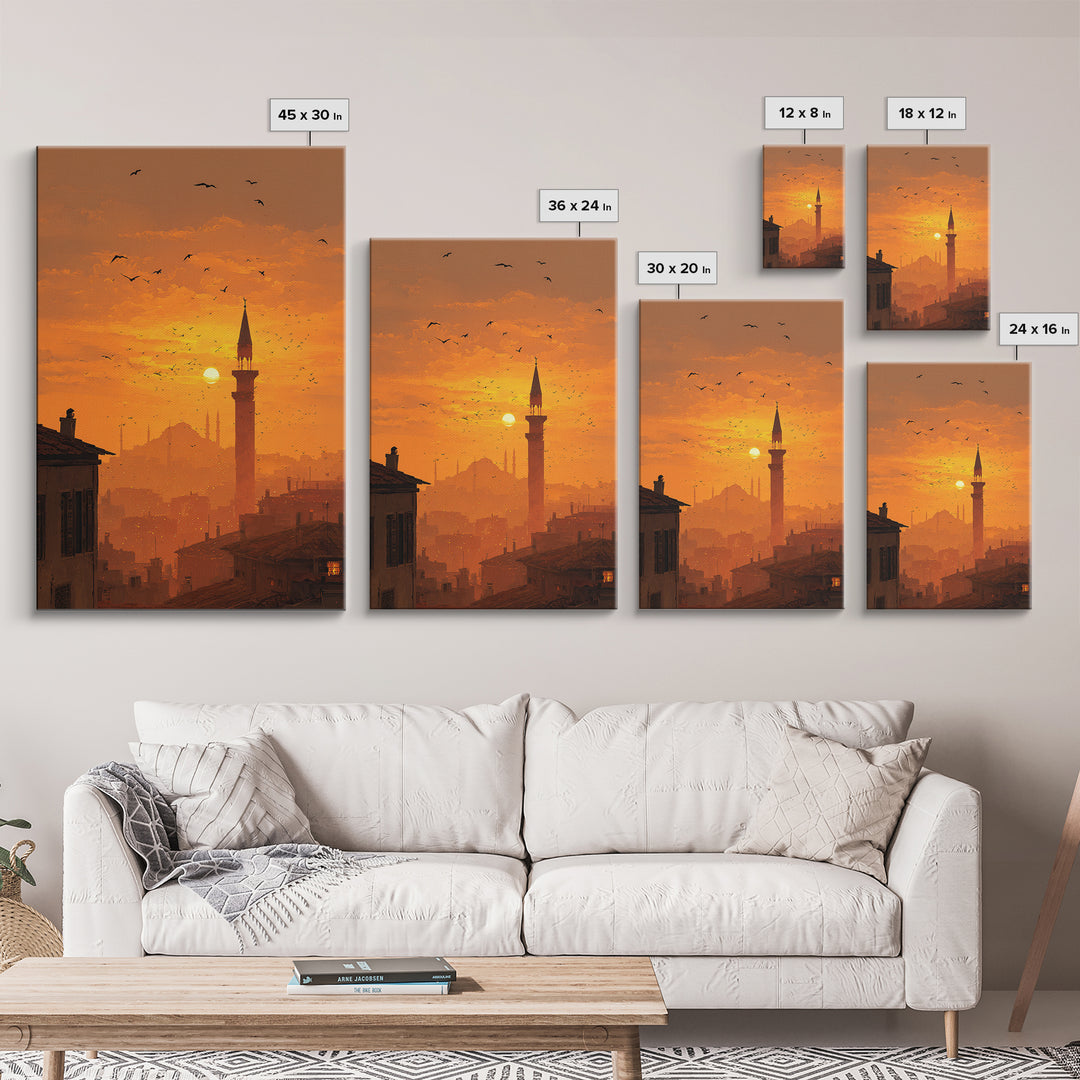 Golden Hour Sunset Over Cityscape With Birds Flying Wall Art Canvas Print For Warm Home Decor And Relaxing Living Room