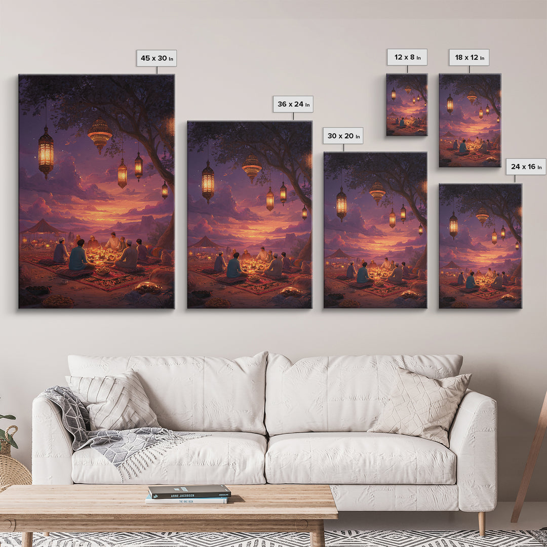 Illustrated Lanterns Night Scene Moroccan Style Wall Art Boho Home Decor Framed Canvas Print