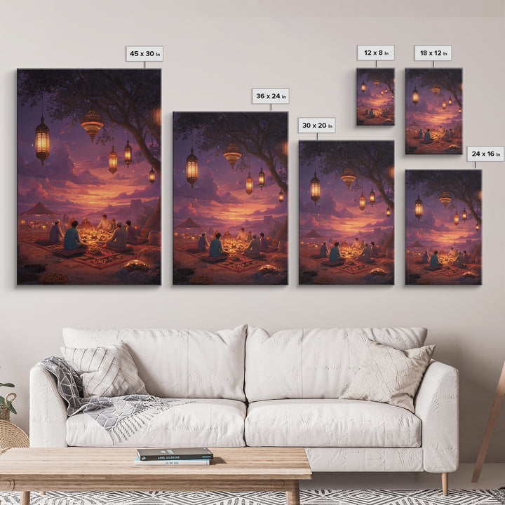 Illustrated Lanterns Night Scene Moroccan Style Wall Art Boho Home Decor Framed Canvas Print