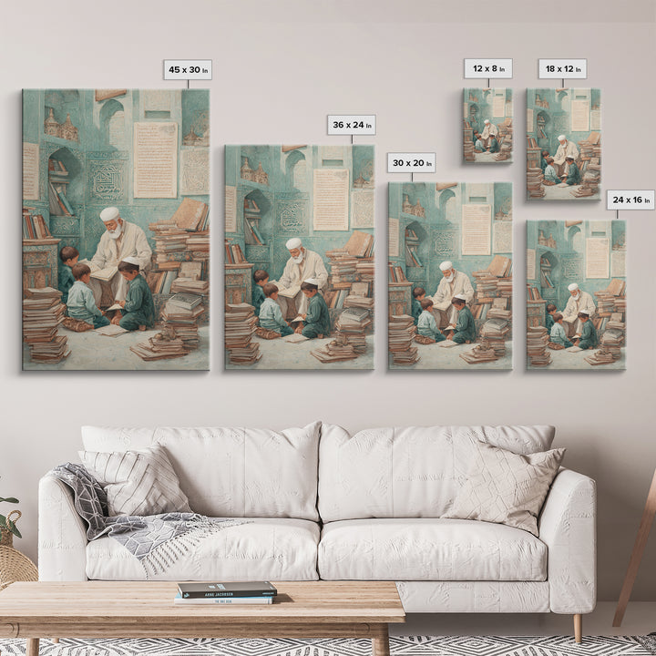 Traditional Islamic Learning Scene With Elderly Teacher And Students Wall Art Framed Canvas Print For Home Decor