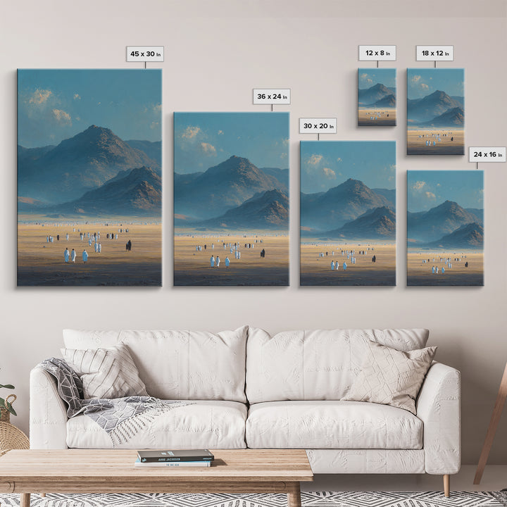Expansive Desert Landscape With People Traveling Artistic Wall Art Framed Canvas Print For Minimalist Rustic Home Decor