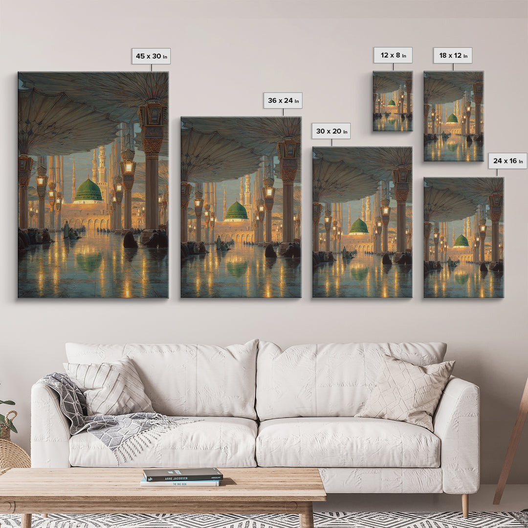 Historic Mosque Interior Painting With Ornate Architecture And Worshippers Canvas Print Wall Art For Spiritual Home Decor