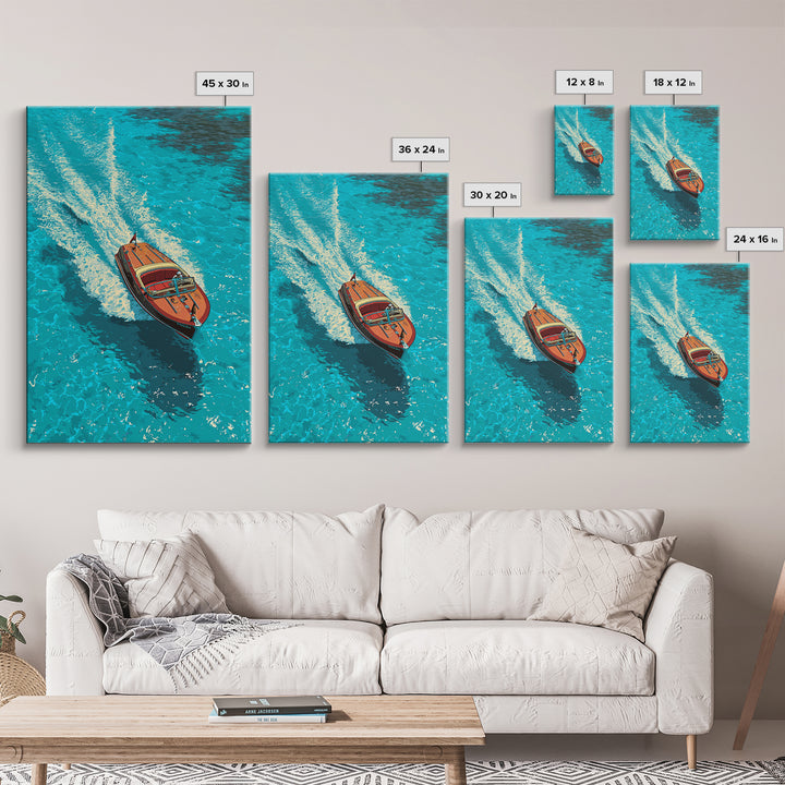 Classic Wooden Speedboat Zooming Through Deep Blue Water - Vibrant Canvas Print For Coastal Wall Art