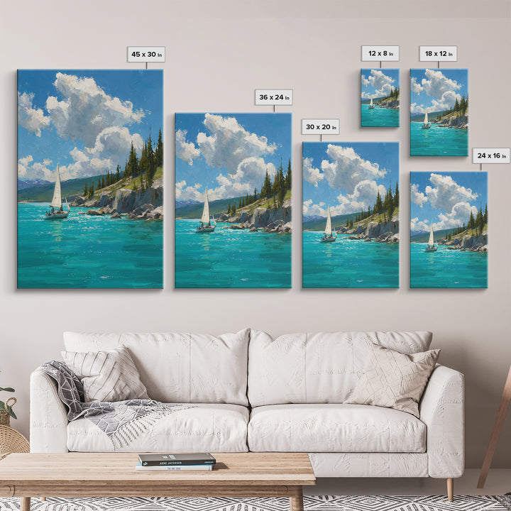 Serene Mountain Lake Sailing Scene Oil Painting Canvas Print For Calm Living Room Decor And Nautical Wall Art