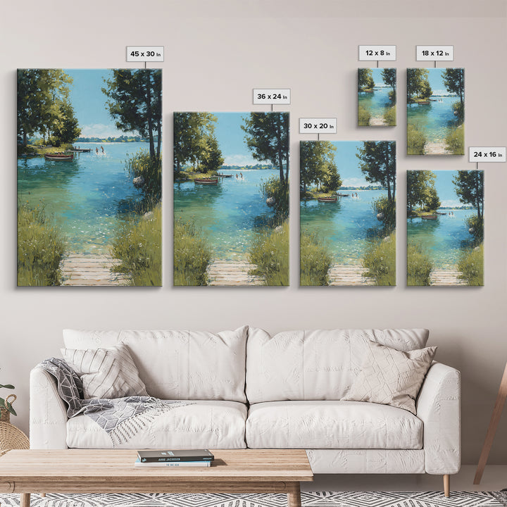 Peaceful Summer Lake Scene With Canoe And Children Splashing Wall Art Serene Landscape Framed Canvas Print Nature Decor