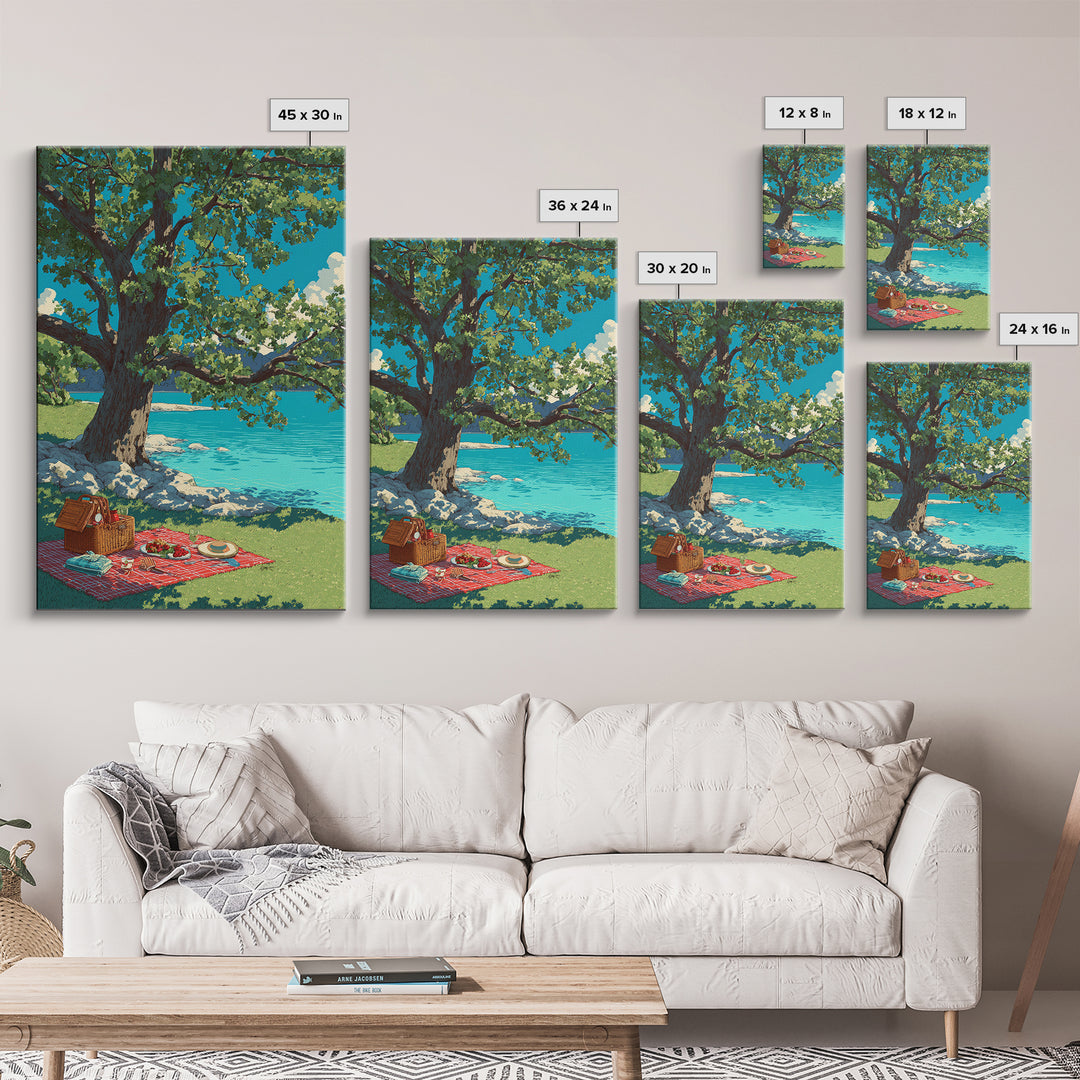 Peaceful Picnic Beside Lake With Oak Tree And Bright Blue Water Canvas Print Modern Wall Art For Living Room
