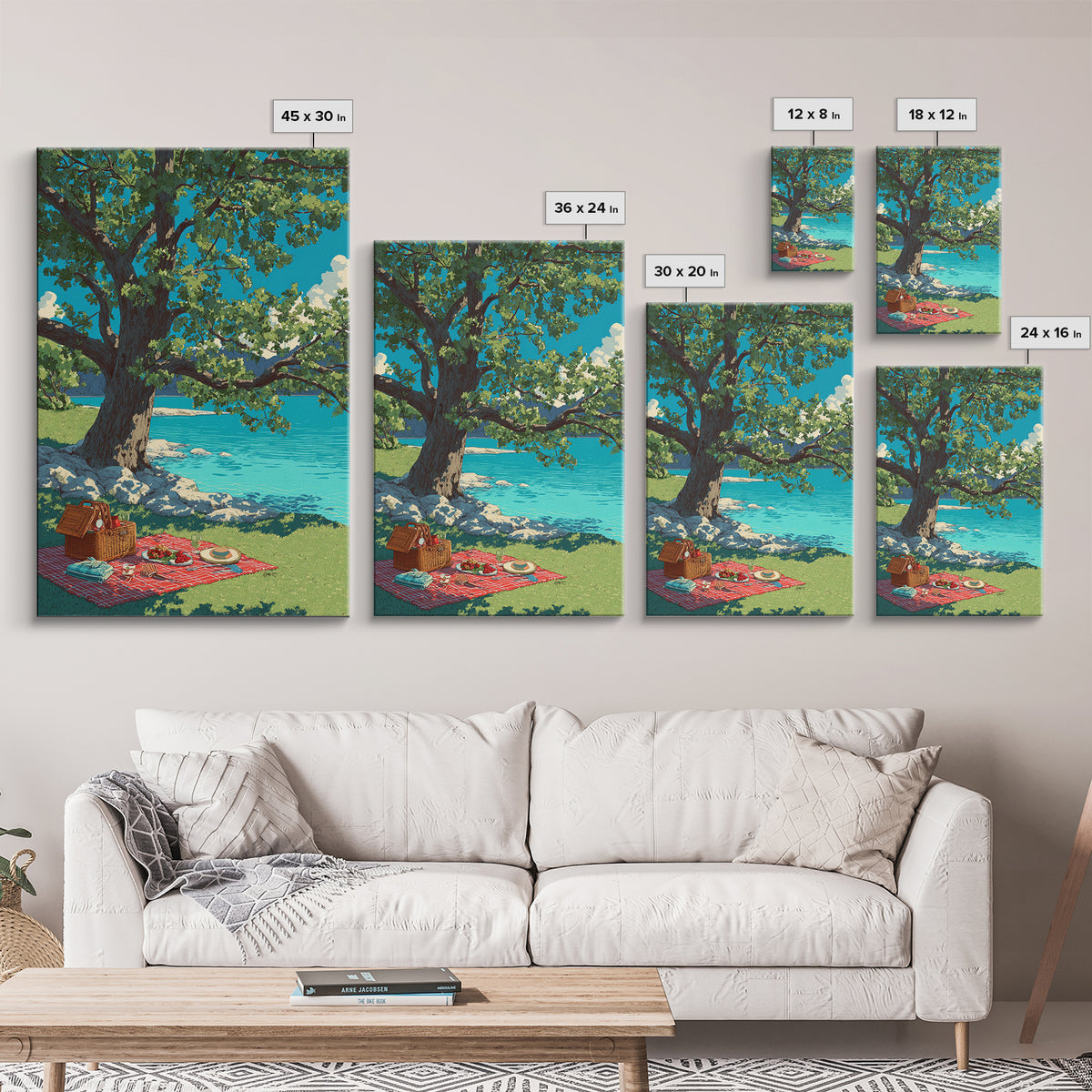 Peaceful Picnic Beside Lake With Oak Tree And Bright Blue Water Canvas Print Modern Wall Art For Living Room