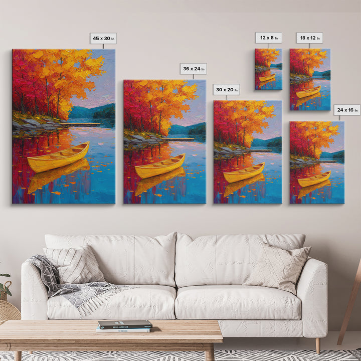 Vibrant Autumn Lake Scene With Yellow Canoe And Colorful Trees Wall Art Framed Canvas Print Fall Landscape Home Decor