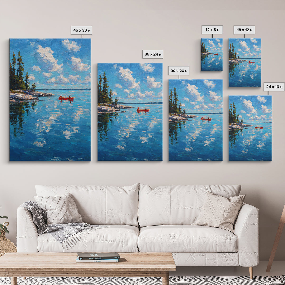 Pristine Lake Scene With Canoe And Pine Trees Under Blue Sky Captured In Classic Impasto Oil Painting