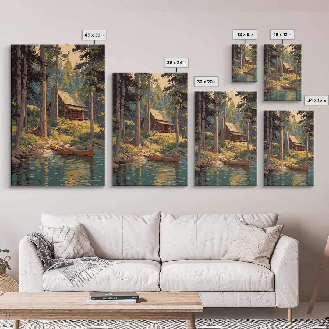 Cozy Log Cabin In Forest Landscape Painting Wall Art Boho Rustic Canvas Print For Cabin And Farmhouse Home Decor