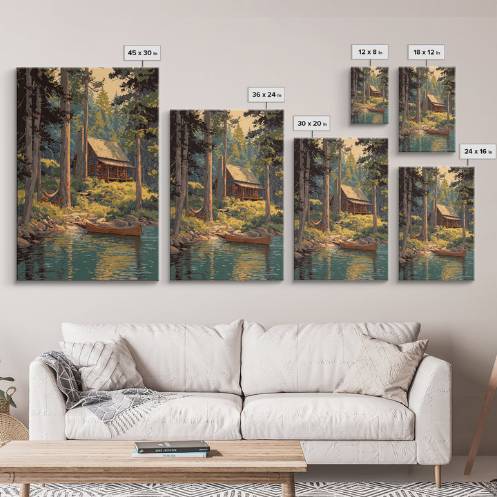 Cozy Log Cabin In Forest Landscape Painting Wall Art Boho Rustic Canvas Print For Cabin And Farmhouse Home Decor