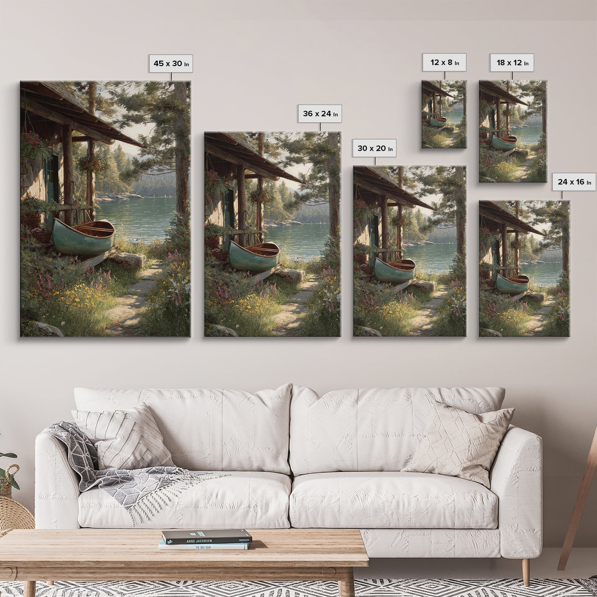 Peaceful Lakeside Cabin With Canoe Surrounded By Wildflowers Wall Art Framed Canvas Print For Rustic Home Decor