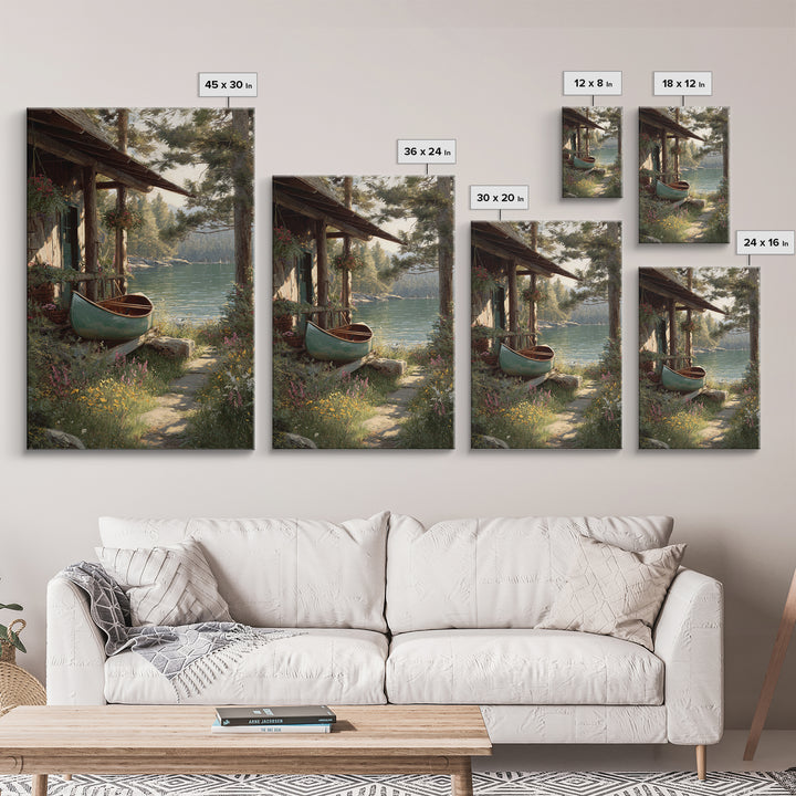 Peaceful Lakeside Cabin With Canoe Surrounded By Wildflowers Wall Art Framed Canvas Print For Rustic Home Decor