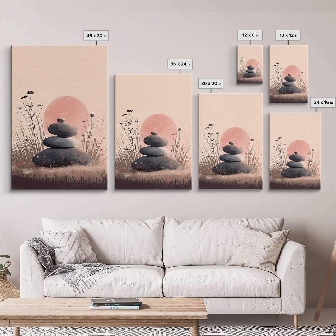 Stacked Zen Stones In Blush Grass Framed Canvas Print, Meditation Wall Art, Spa Wall Decor, Calming Minimalist Art, Peaceful Home Decor