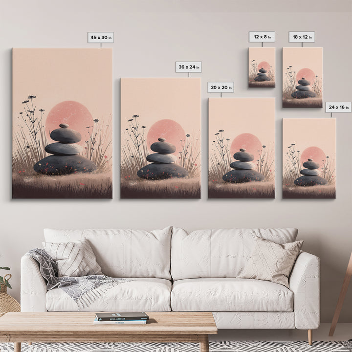 Stacked Zen Stones In Blush Grass Framed Canvas Print, Meditation Wall Art, Spa Wall Decor, Calming Minimalist Art, Peaceful Home Decor