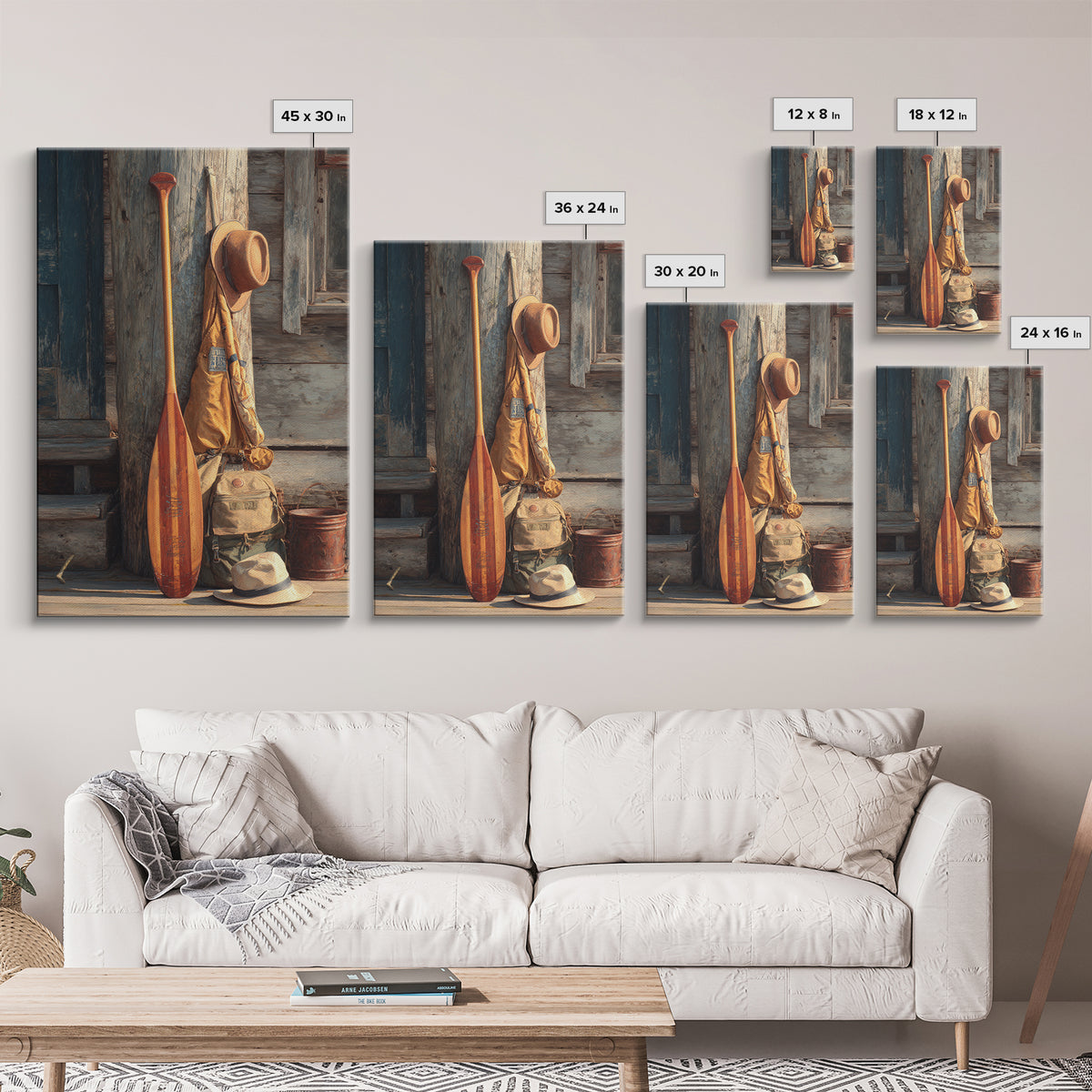 Rustic Outdoorsy Still Life With Wood Paddle, Hiking Gear, And Hats Vintage Style Canvas Print For Cabin