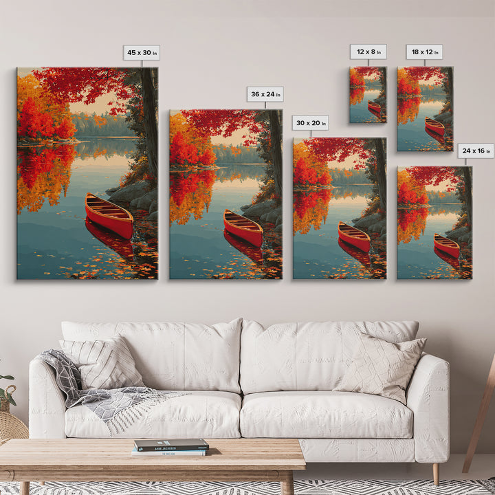 Red Autumn Maple Trees By Calm Lake With Canoe Scenic Painting Wall Art Framed Canvas Print For Home
