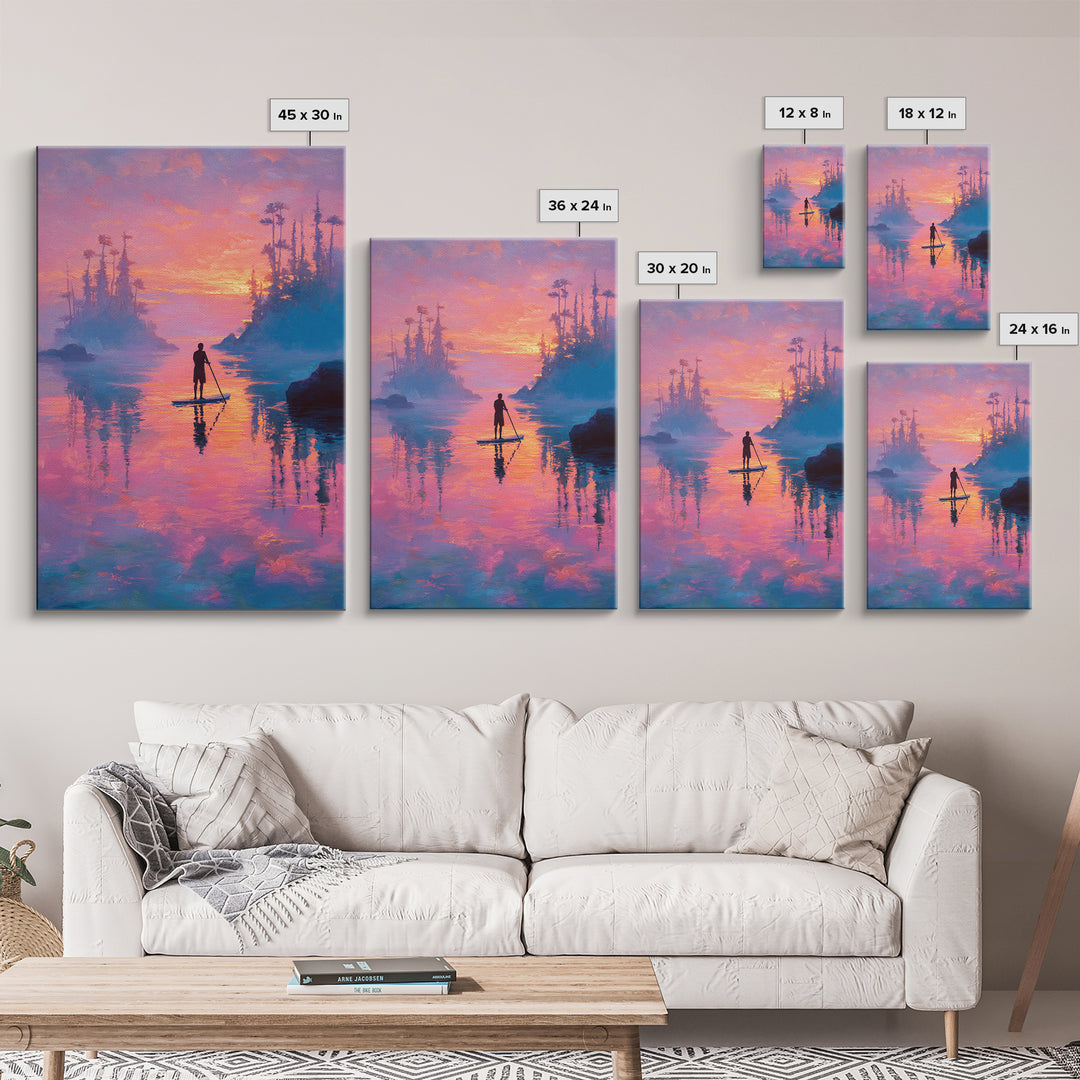 Sunset Paddleboarder On Calm Water Pink And Purple Sky Landscape Wall Art Canvas Print For Tranquil Bedroom And Living Room
