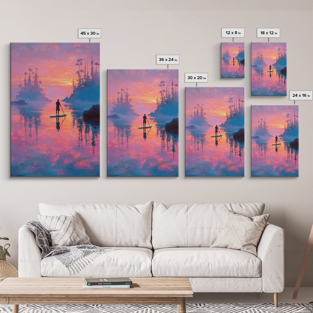 Sunset Paddleboarder On Calm Water Pink And Purple Sky Landscape Wall Art Canvas Print For Tranquil Bedroom And Living Room