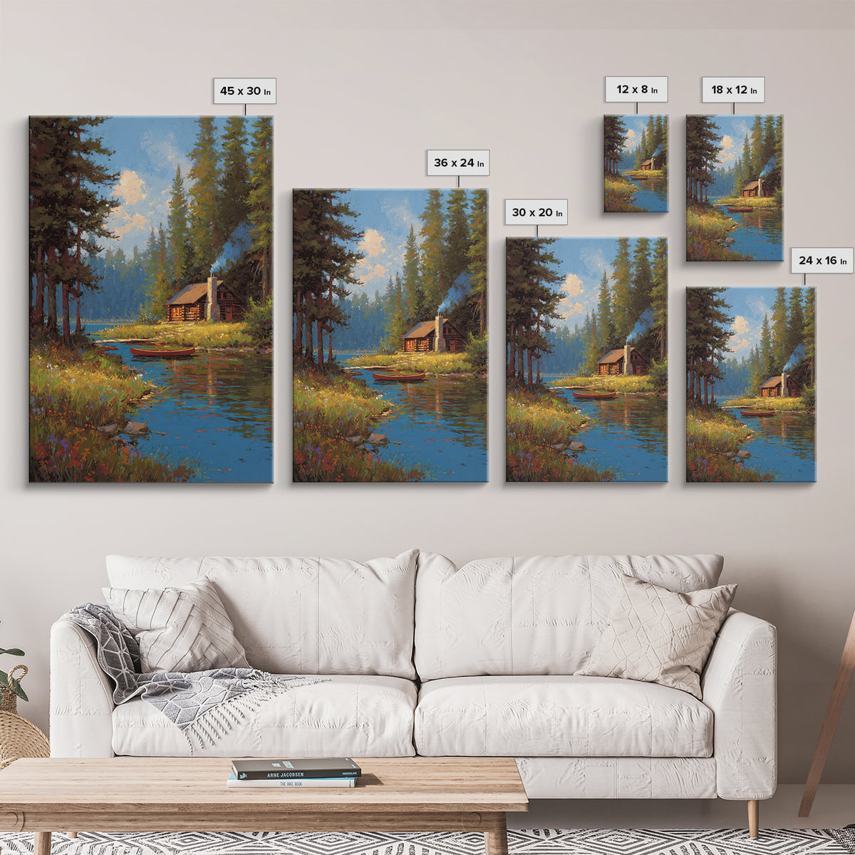 Cozy Cabin By Peaceful River Landscape Painting Canvas Print Natural Wall Art Decor Framed Canvas Print