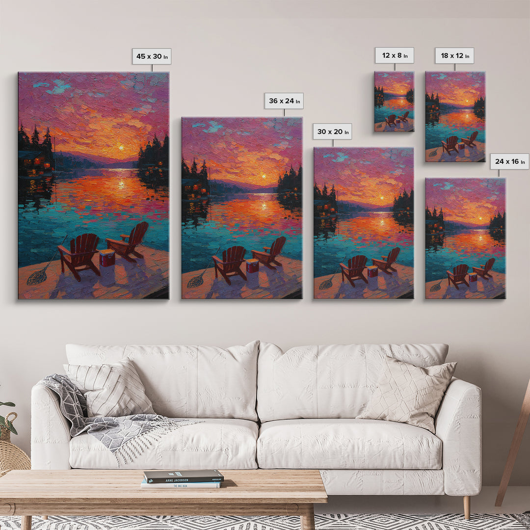 Vibrant Oil Painting Sunset Over Water With Adirondack Chairs And Cooler - Canvas Print For Cozy Wall Art And Relaxing Outdoor Home Decor