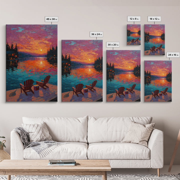 Vibrant Oil Painting Sunset Over Water With Adirondack Chairs And Cooler - Canvas Print For Cozy Wall Art And Relaxing Outdoor Home Decor