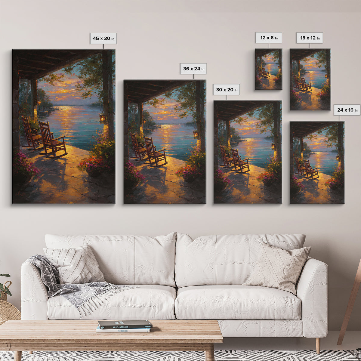 Peaceful Lakeside Porch Sunset With Rocking Chairs Oil Painting Wall Art Framed Canvas Print For Cozy Home Decor